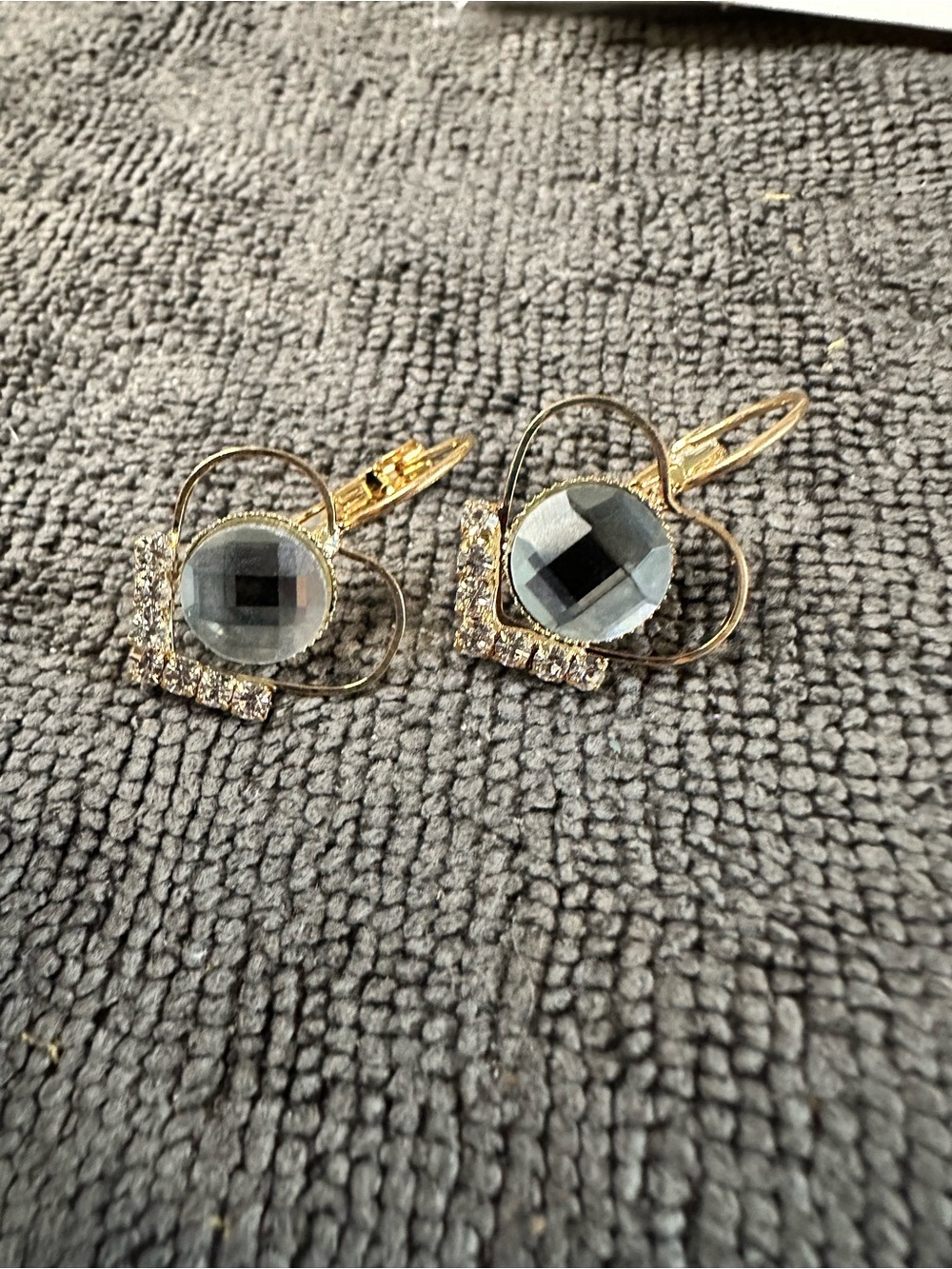 Gold Heart Drop Earrings with Clear Crystal Center